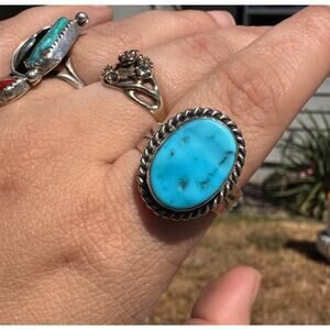 Signed Sterling Silver Vintage Native Navajo Turquoise Ring by Bernese Chavez